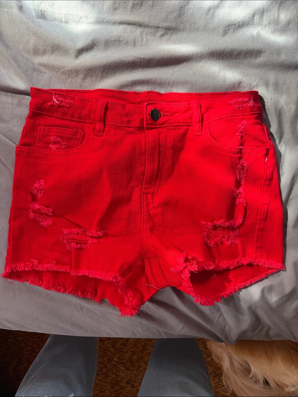 SHEIN Bright Red Distressed Denim Cutoff Shorts